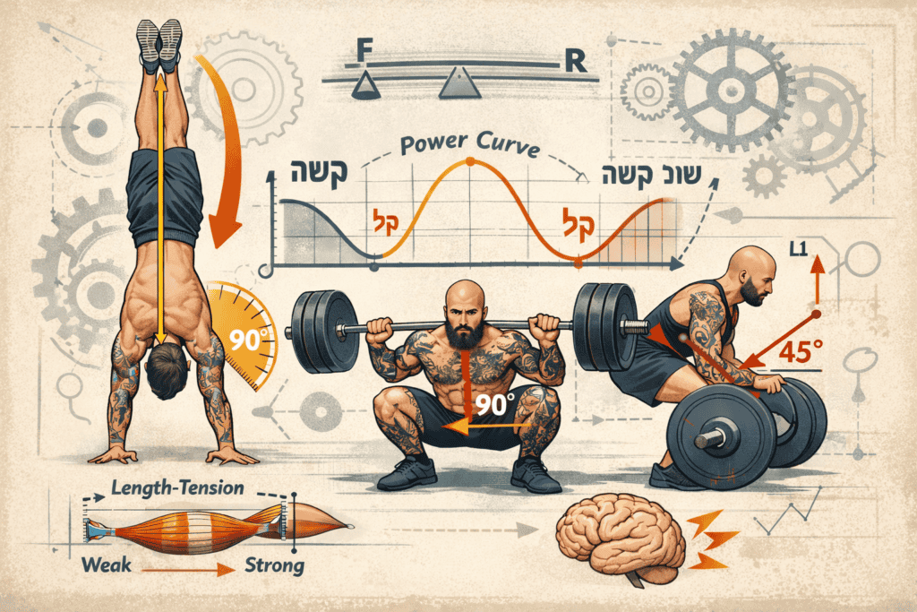 ביומכניקה באימוני כוח: עמידת ידיים, סקוואט ודדליפט עם הסבר על עקומת כוח ויחס אורך–מתח