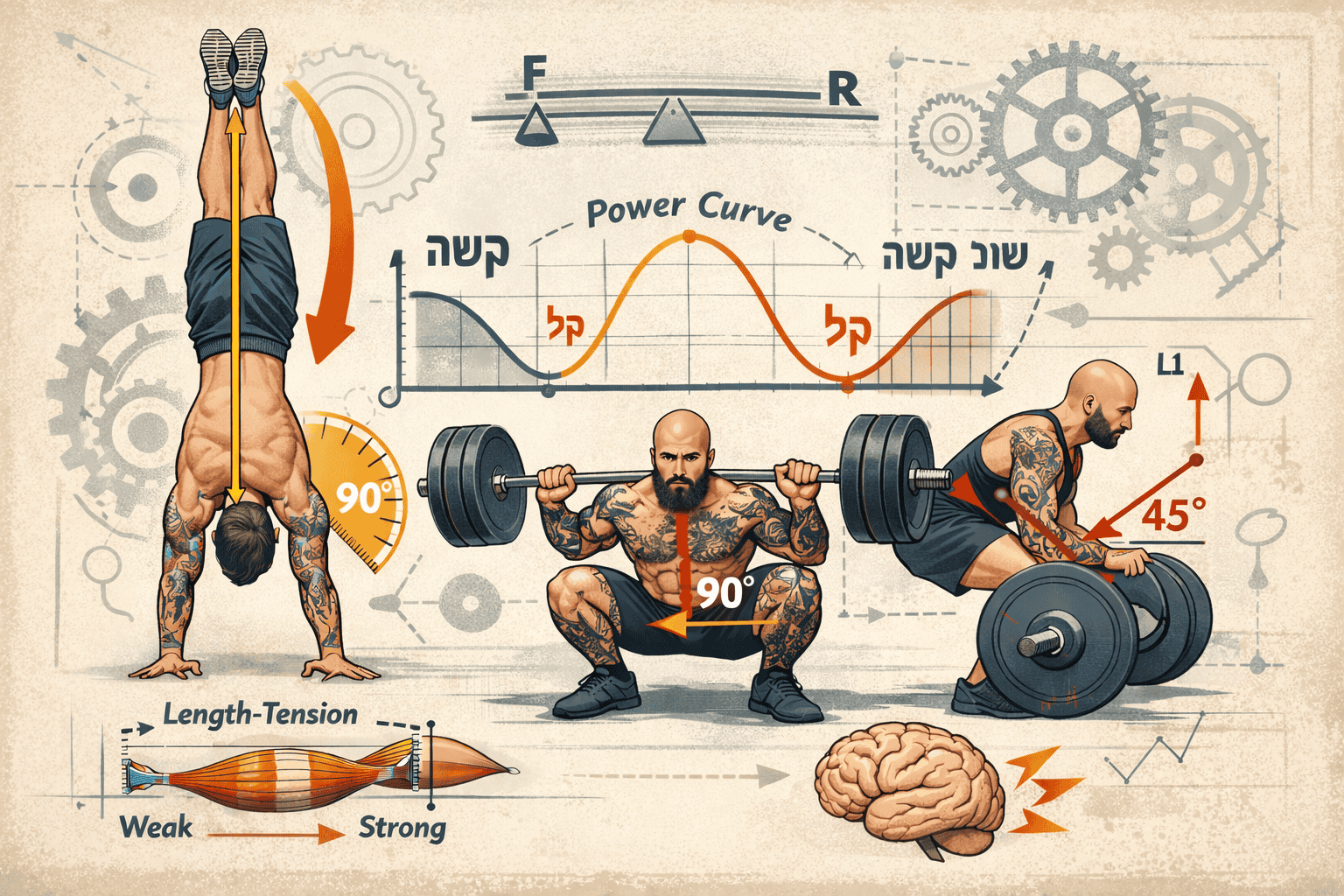 ביומכניקה באימוני כוח: עמידת ידיים, סקוואט ודדליפט עם הסבר על עקומת כוח ויחס אורך–מתח